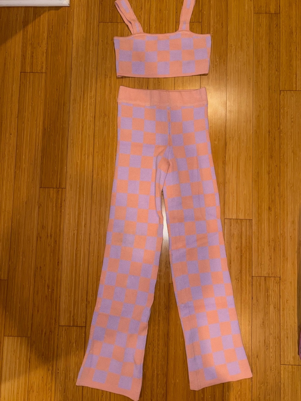 NWT Peach Pink & Lavender Purple Checkerboard Coord Set Knit Crop Top & Pants
